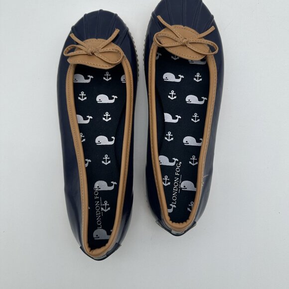 London Fog Womens Navy & Tan Bow Rain Shoes Size 8 Rubber Sole - Picture 8 of 8